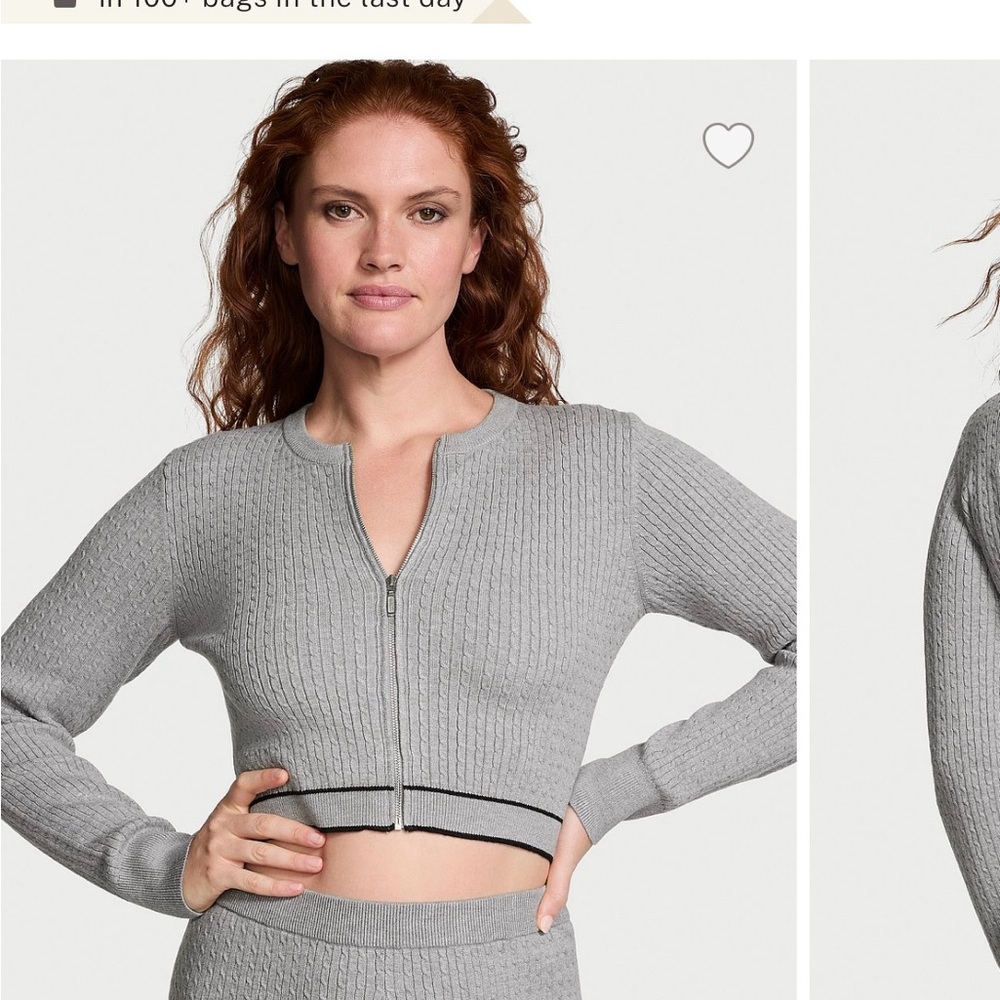 Victoria’s Secret Gray Luxe Ribbed Knit Zip-Up Cardigan and Crop Tank Set XS/S - Picture 2 of 12